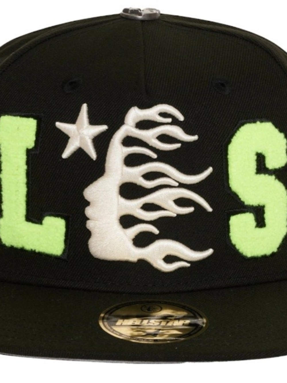 Hellstar OG Patch Fitted Hat 7 1/4 Black w/ Neon Green Lettering & White Flame